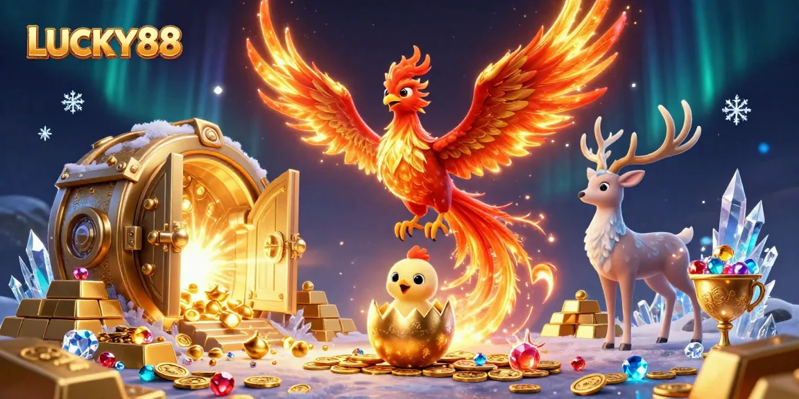 LUCKY88 captivates with a phoenix and stag in a lavish casino scene, surrounded by treasures and gaming elements.
