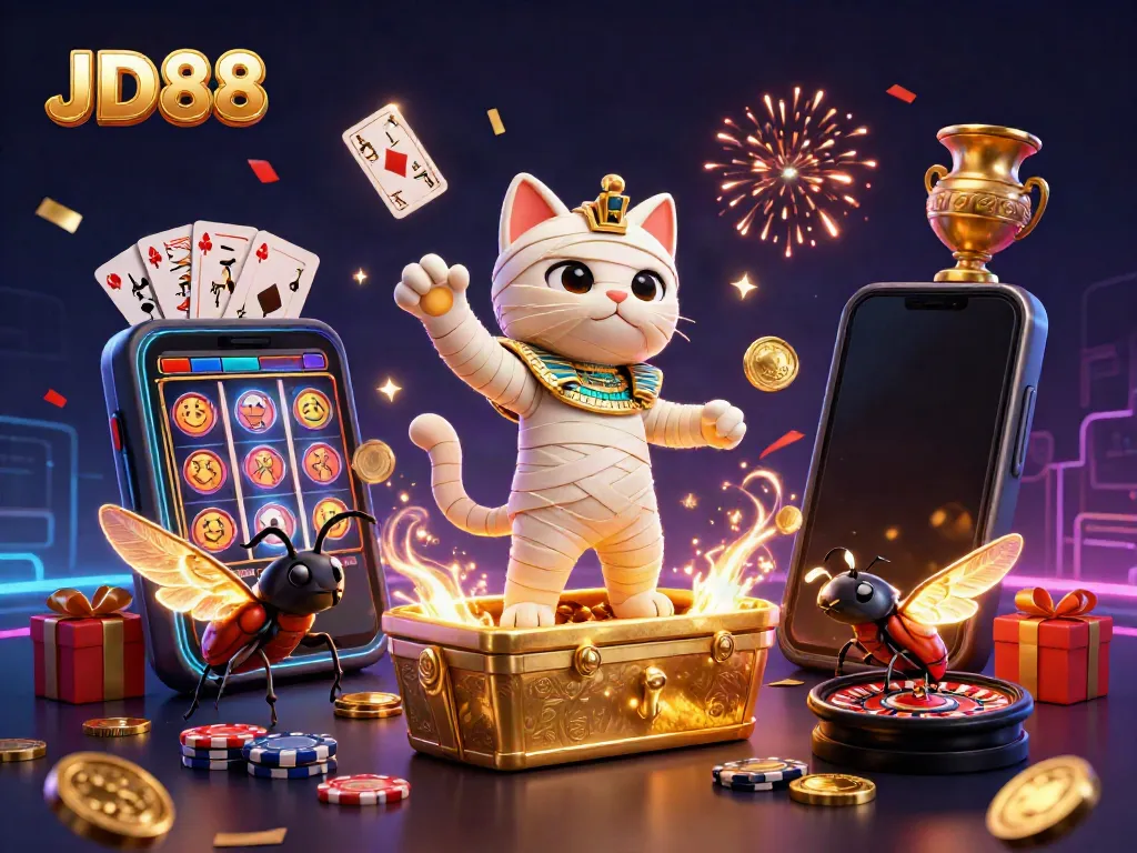 Experience the thrill of JD88 with a vibrant scene featuring a mummy cat, casino elements, and dazzling effects.