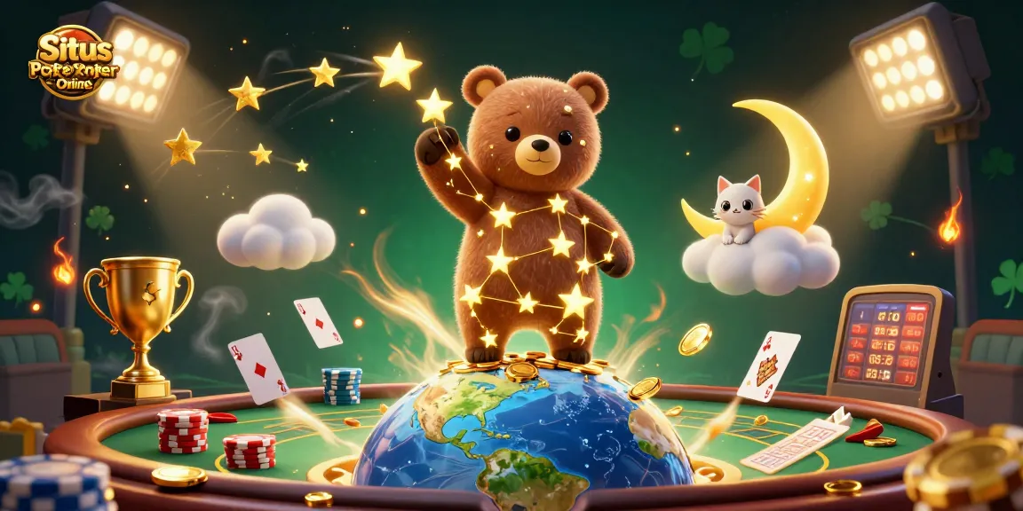 Situs Poker Online showcases a dynamic 3D poker scene with vibrant characters, poker elements, and golden highlights.