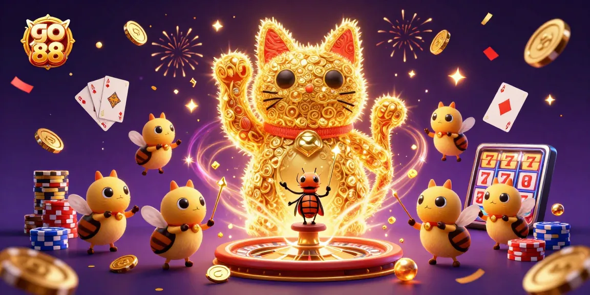Experience the excitement of go 88 with a vibrant scene of a lucky cat and dynamic casino elements.