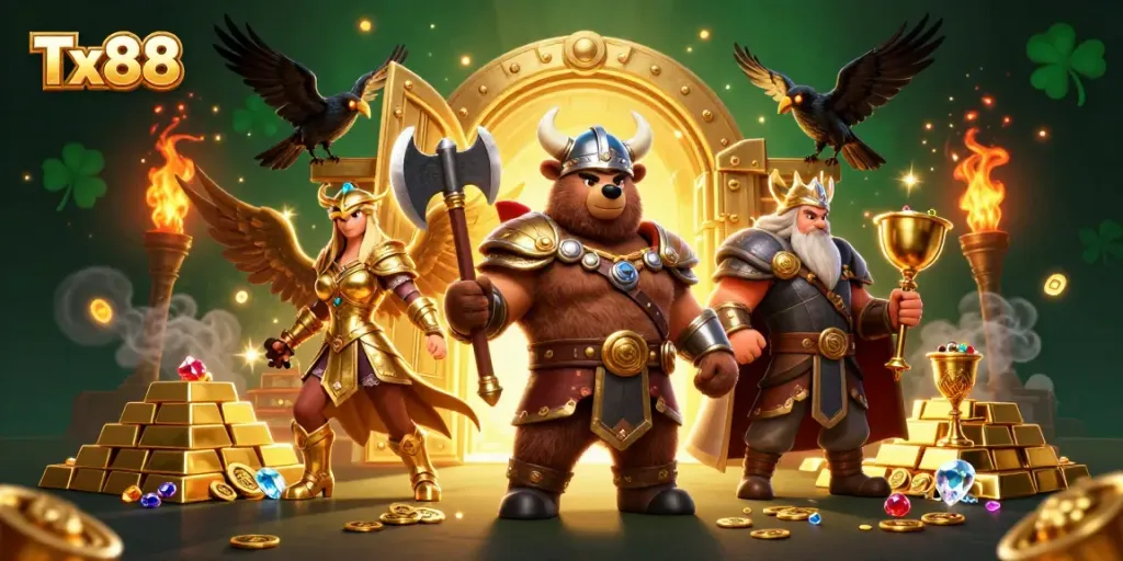 Experience the thrilling atmosphere of Tx88 casino with dynamic characters and treasures.