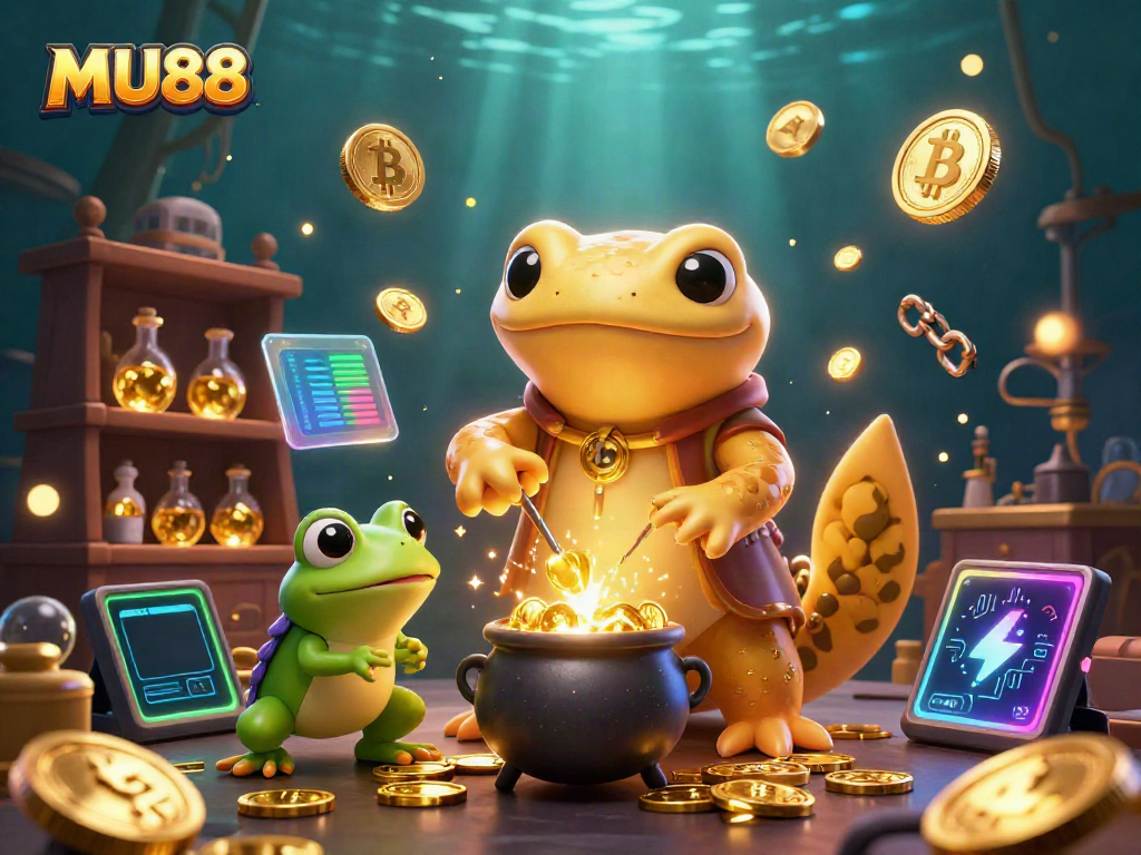 Experience the magic of MU88 in a vibrant casino scene with enchanting characters and gold coins.
