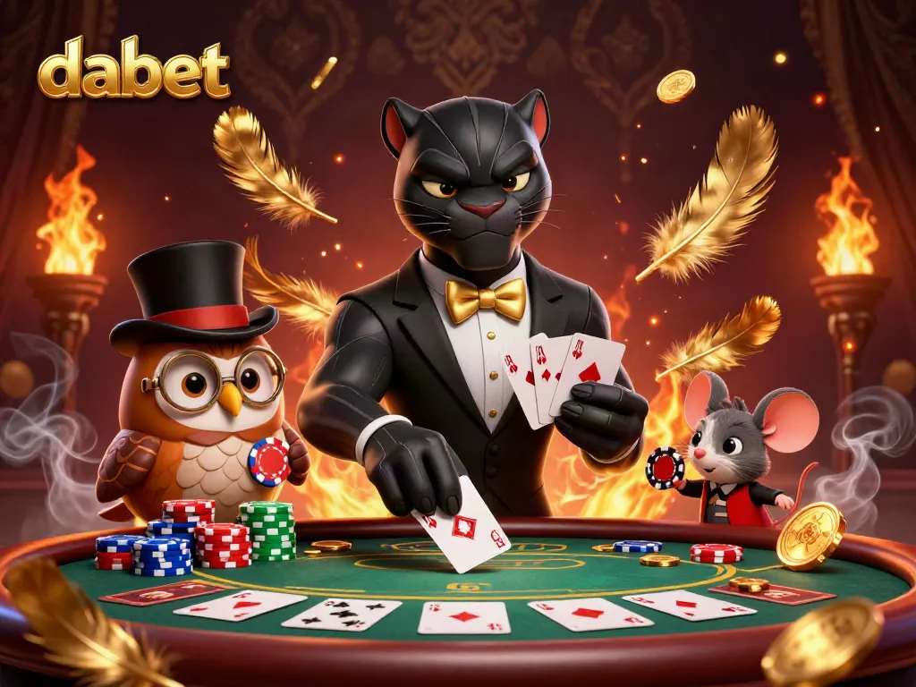 Dabet showcases an elegant poker scene with a stylish tuxedoed panther dealing cards.