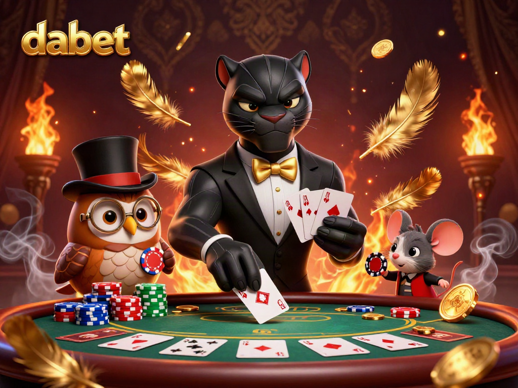 Dabet showcases an elegant poker scene with a stylish tuxedoed panther dealing cards.