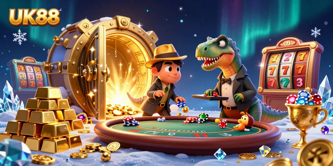 Engage with UK88's vibrant casino scene, featuring a clever velociraptor at blackjack!