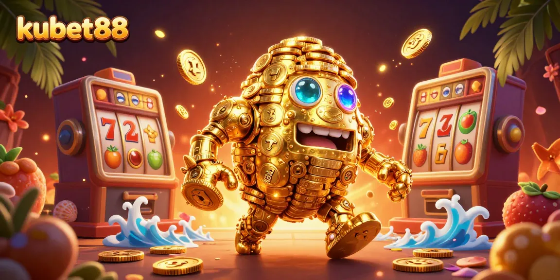 Experience thrilling jackpots with kubet88 featuring a golden golem surrounded by dynamic slots elements.