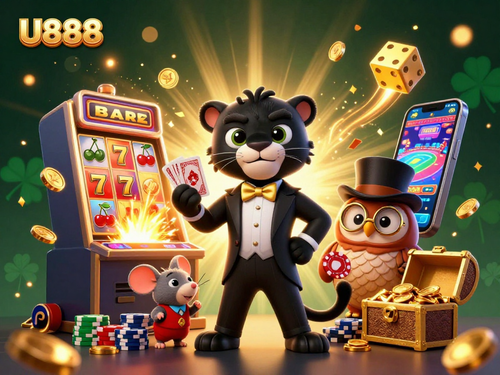 Join the U888 adventure with a panther dealer, clever owl, and lucky mouse in a vibrant casino scene.