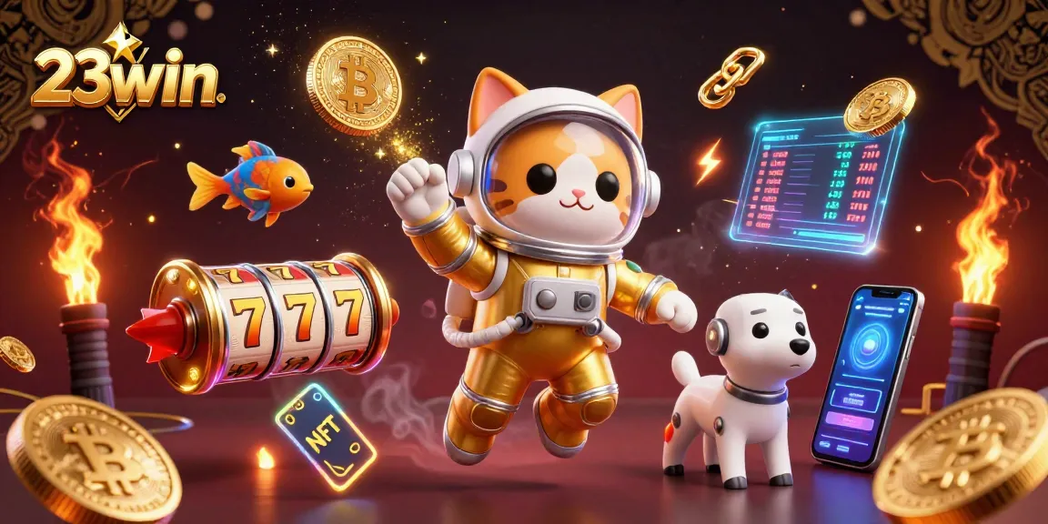 Experience 23win's dynamic gaming scene with an astronaut cat, robot dog, and vibrant slot elements.