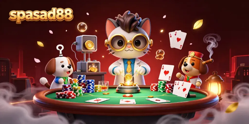 Spasad88 showcases a vibrant 3D casino scene with a mad scientist cat and assistant dog at a dynamic poker table.
