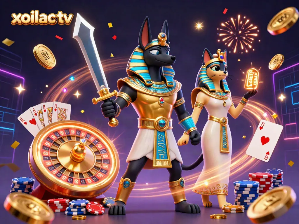 The Anubis jackal warrior from xoilac tv spins a roulette wheel while serving golden coins and sparkling gems.