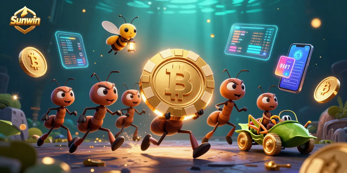 Win big at Sunwin as ants execute a heist with a giant poker chip amidst digital gold and neon coins.