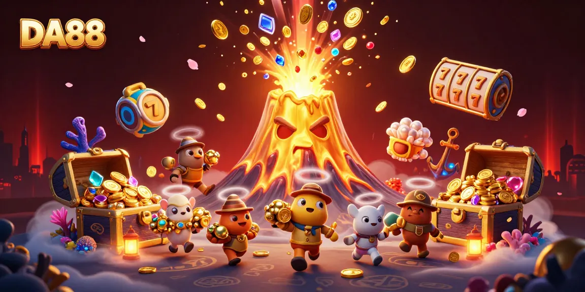 Experience thrilling wins with the DA88 volcano erupting treasure in this vibrant casino scene.
