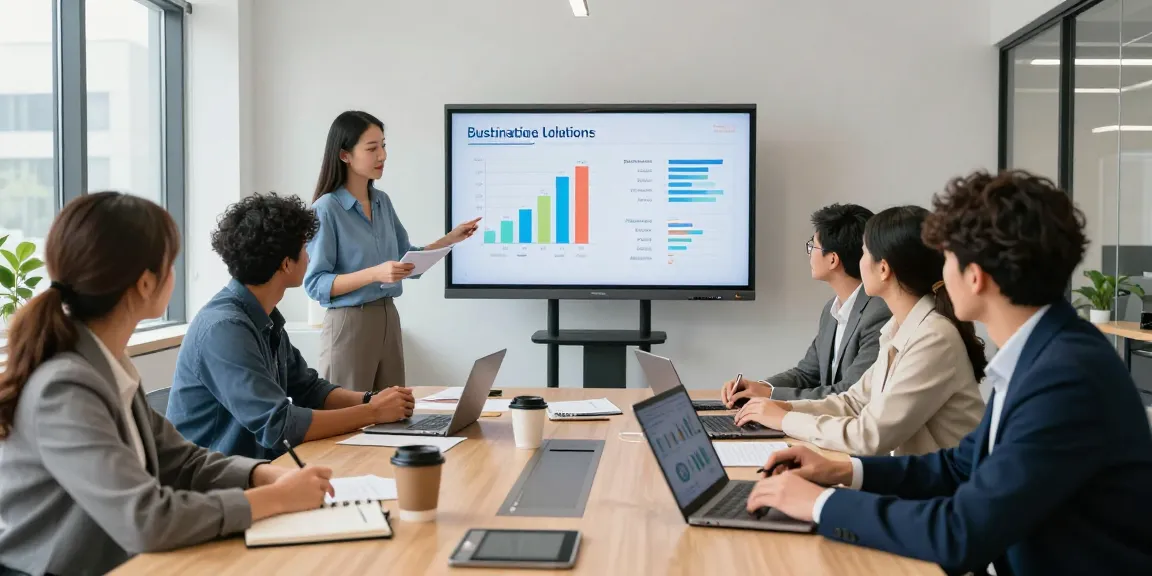 Collaborative business environment discussing bolt ons and telecom solutions with professionals around a conference table.