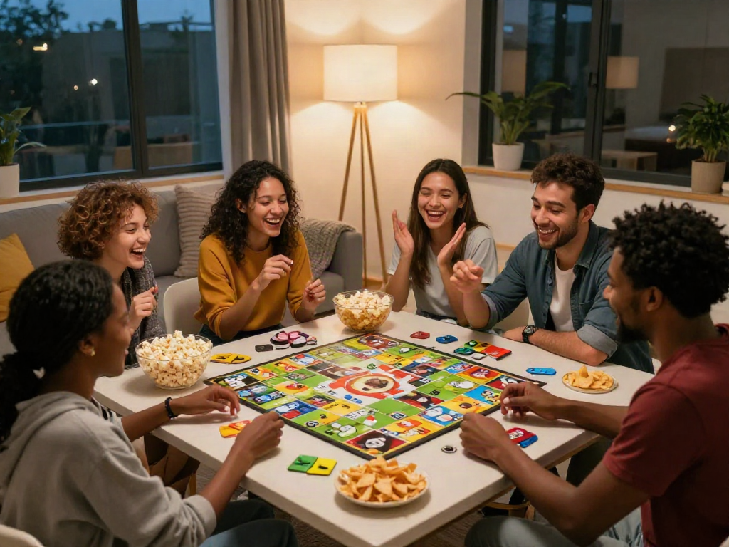 Friends enjoying an exciting sex game night in a cozy living room.