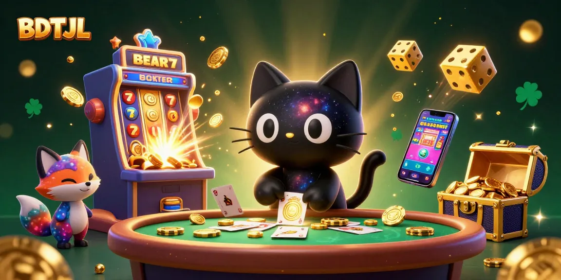 Engage in thrilling slots action with BDTJL, featuring a dynamic black hole cat and vibrant cosmic elements.