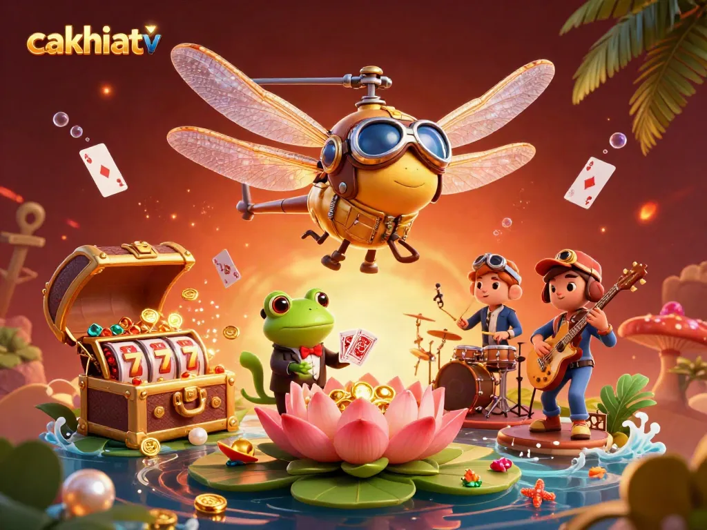 Cakhiatv elevates the excitement as a frog croupier deals cards in a vibrant casino scene.