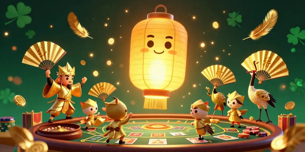 Experience the thrill of a lively casino with a golden lantern spirit floating above, surrounded by exciting game elements.