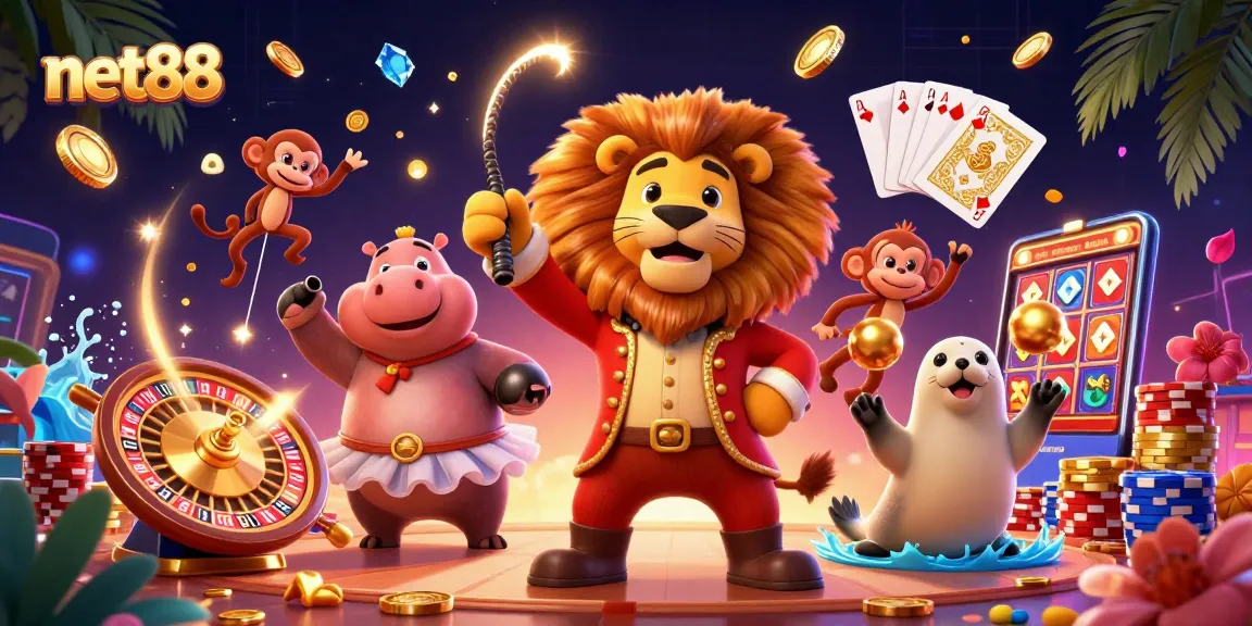 Experience net88 with energetic circus-themed illustration of vibrant casino elements and characters.