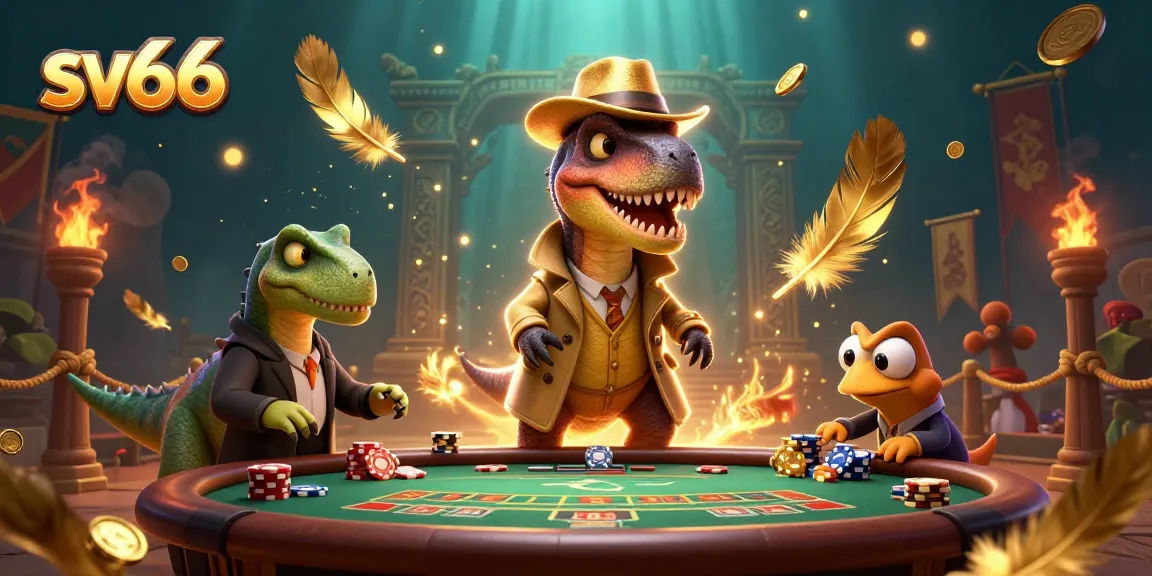sv66 velociraptor card counter interacts at a blackjack table amidst vibrant casino elements