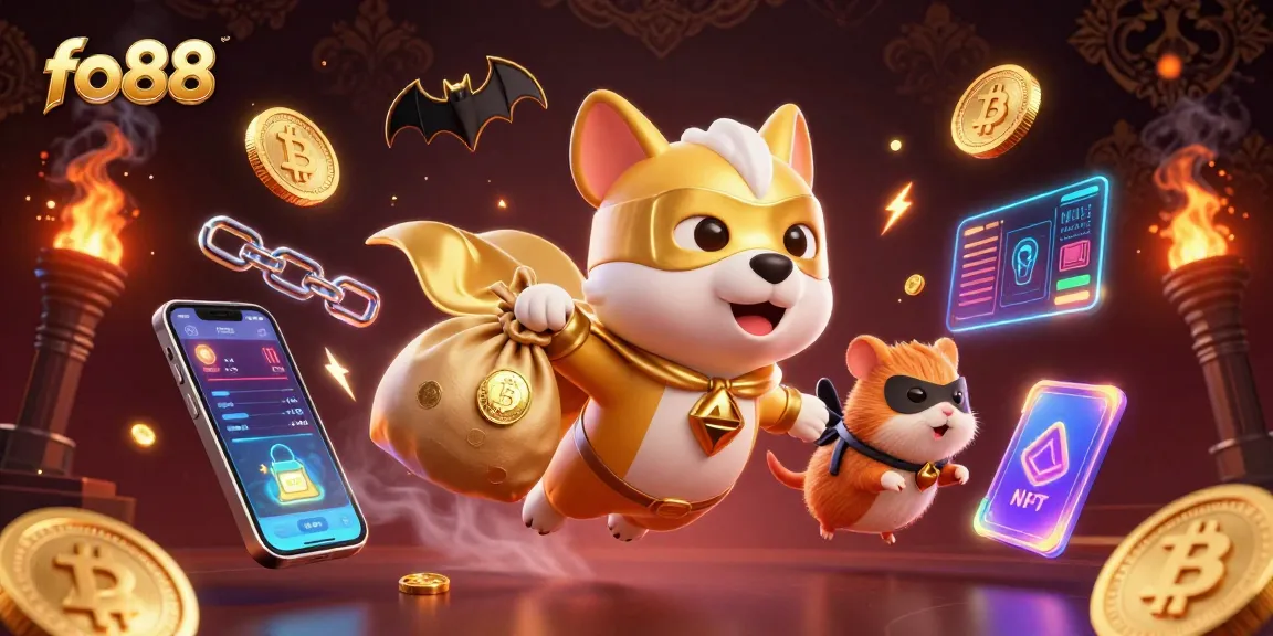 Catch the excitement at fo88, featuring a superhero dog and vibrant game elements soaring through a casino backdrop.