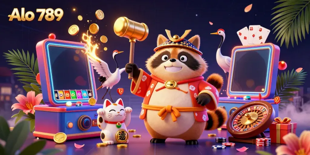 Alo 789 displays a vibrant casino scene with a cheerful tanuki, crane, and fortune cats enjoying dynamic slot games.