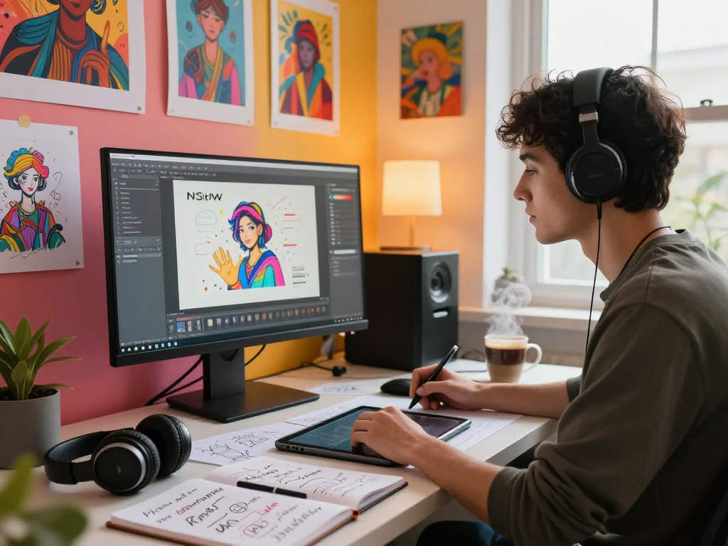Digital artist crafting NSFW AI content in a vibrant studio.