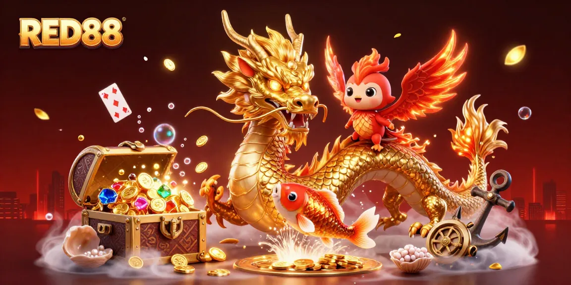 Engaging RED88 illustration featuring a powerful dragon, phoenix, and koi fish amid vibrant casino elements.