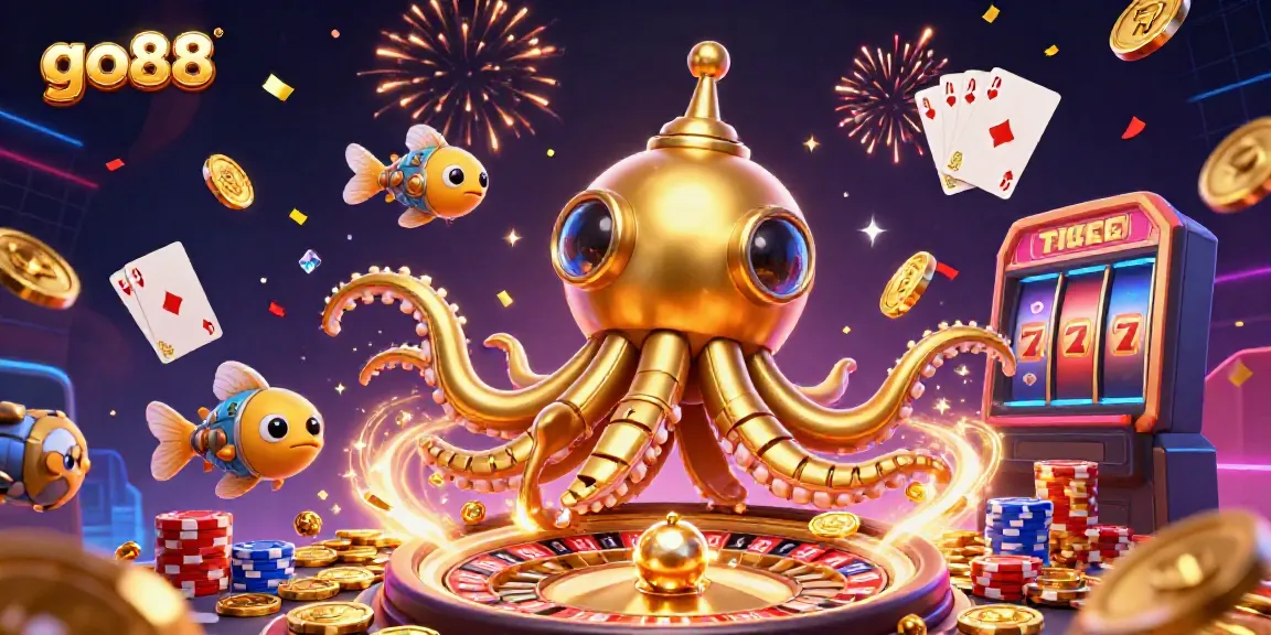 Discover thrilling gaming options at go88, highlighted by a golden kraken submarine amid coins, cards, and chips.