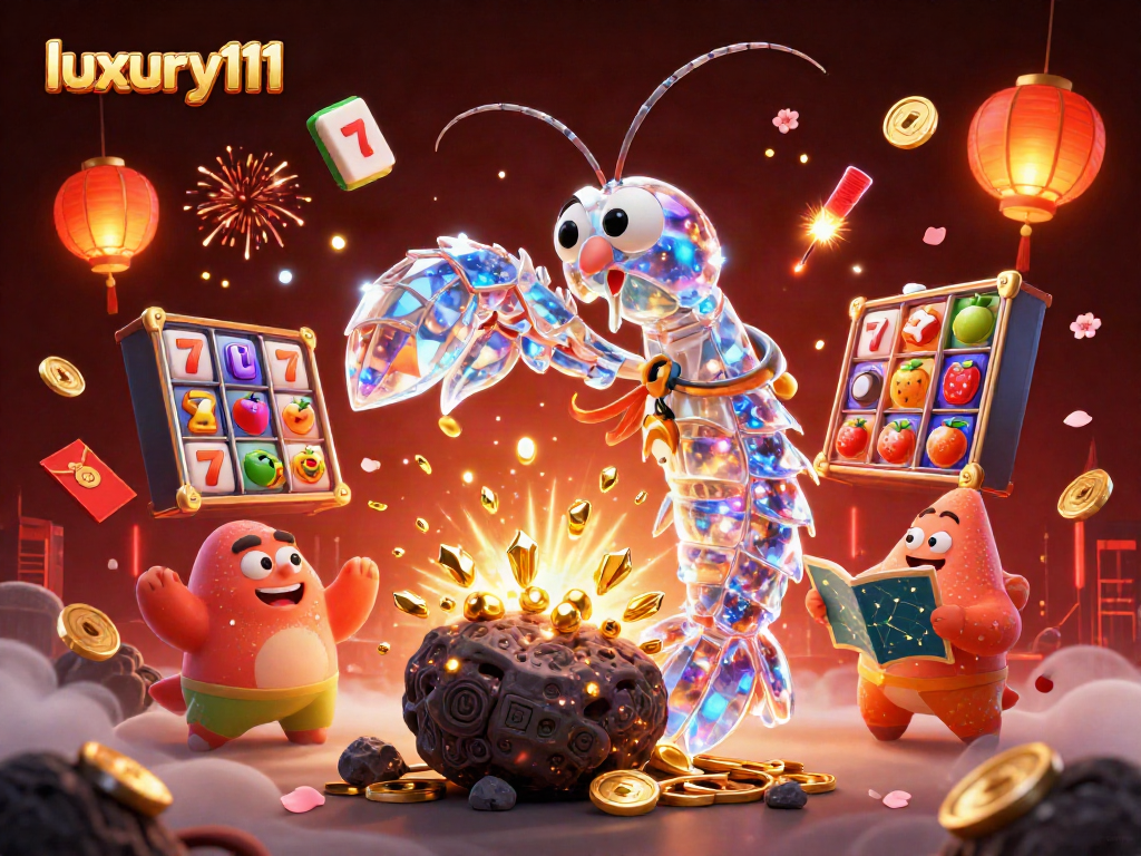 Experience thrilling wins with luxury111 as the samurai shrimp enters a radiant casino scene bursting with color.