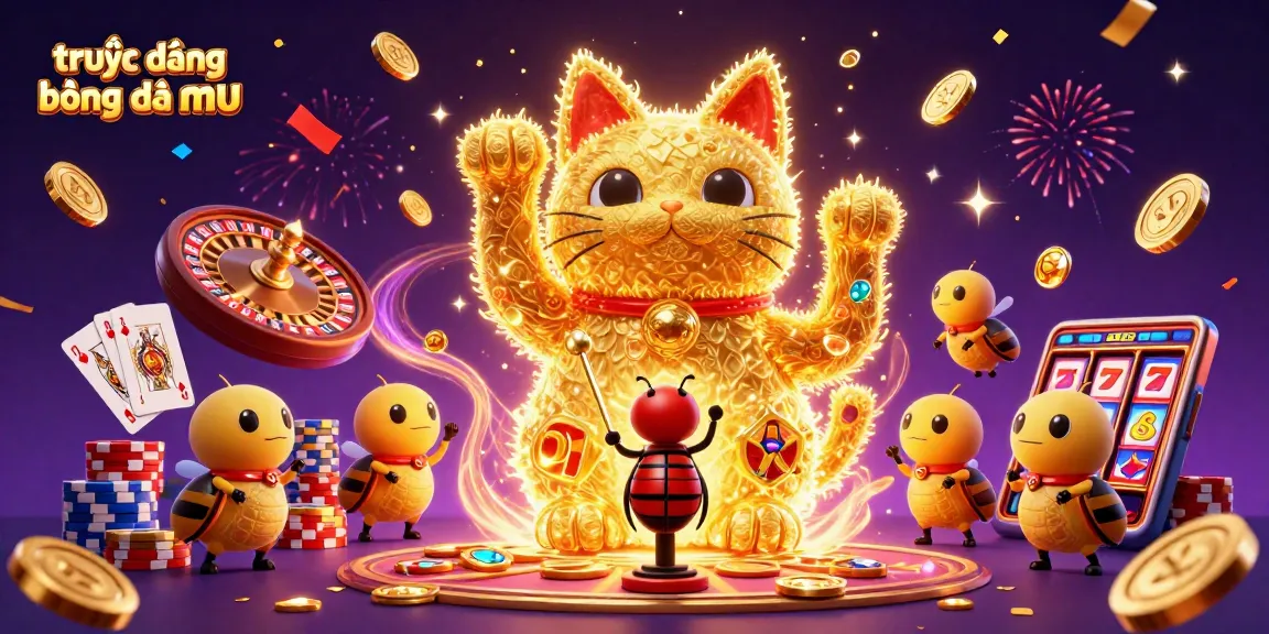 Betting action illustration with a lucky cat and symbols representing trực tiếp bóng đá mu for enhanced game excitement