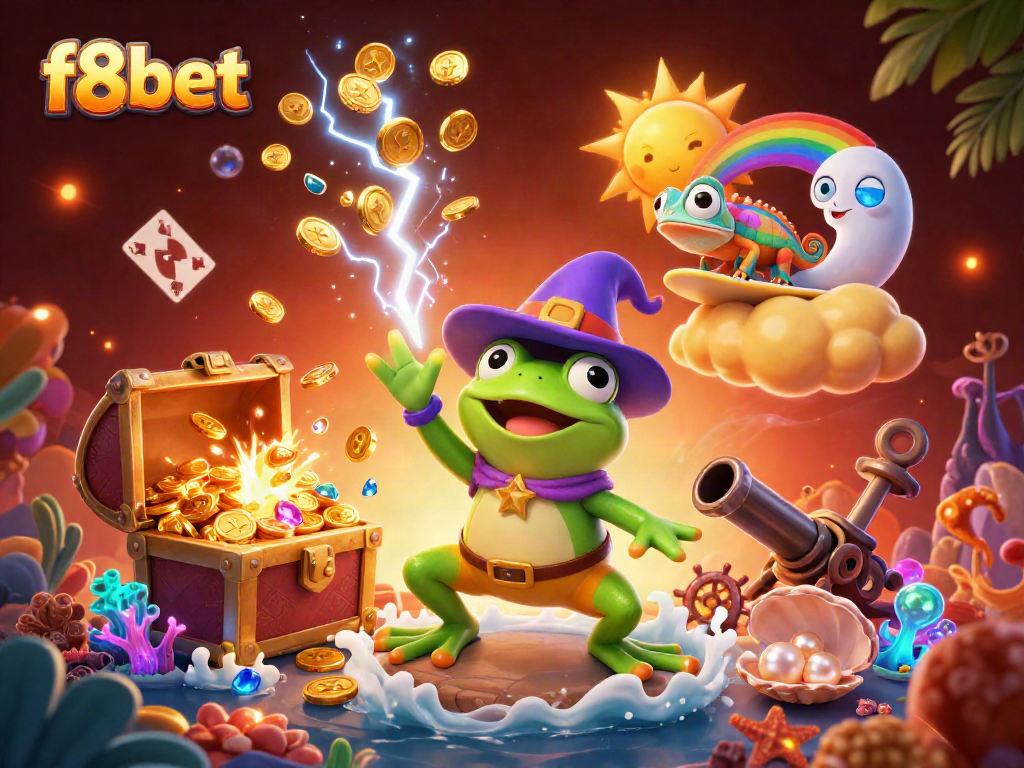 Experience the excitement of f8bet with a magical storm of coins and vibrant characters in this lively casino scene.