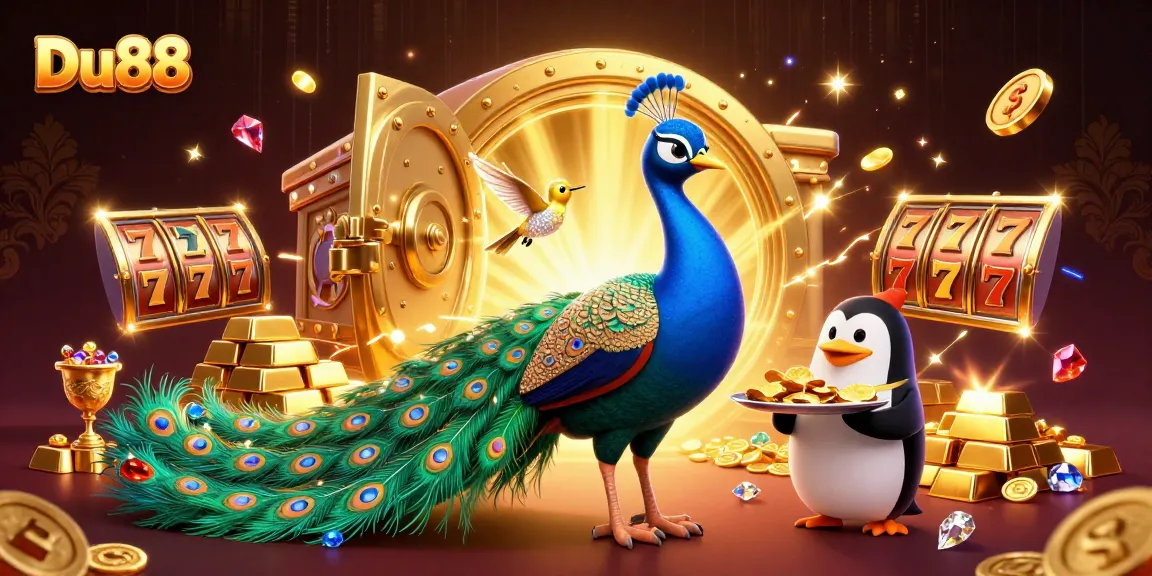 Spin to win with Du88, showcasing vibrant 3D casino illustration filled with treasures and slot machines.