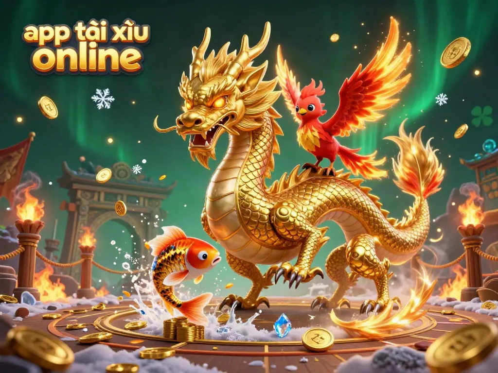 Experience immersive gameplay with the app tài xỉu online featuring a golden dragon and koi fish in a casino-themed scene.
