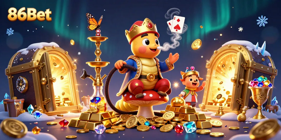 Experience 86Bet excitement with a vibrant 3D casino-themed illustration showcasing gaming riches and action.