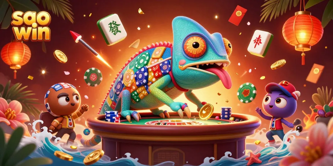 Experience thrilling gameplay with Saowin as the chameleon owner captures golden coins in an energetic casino scene.