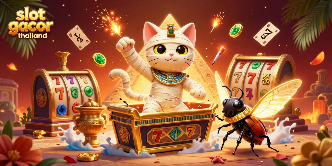 Spin the reels with slot gacor thailand, where a mummy cat and scarab beetle celebrate jackpots in a vibrant scene!
