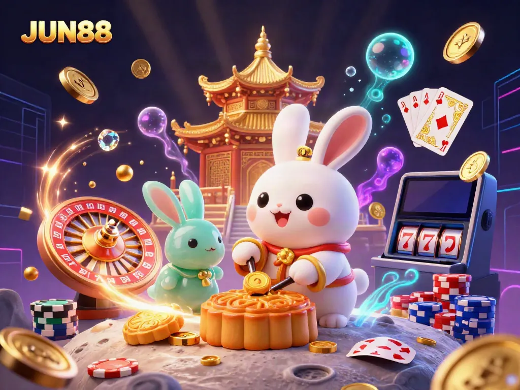 Engage with JUN88's immersive moon rabbit-themed casino scene filled with vibrant gaming elements.