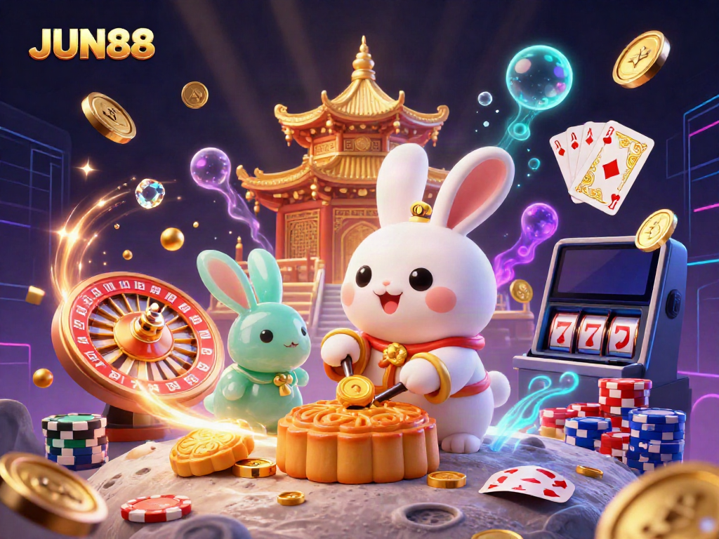 Engage with JUN88's immersive moon rabbit-themed casino scene filled with vibrant gaming elements.