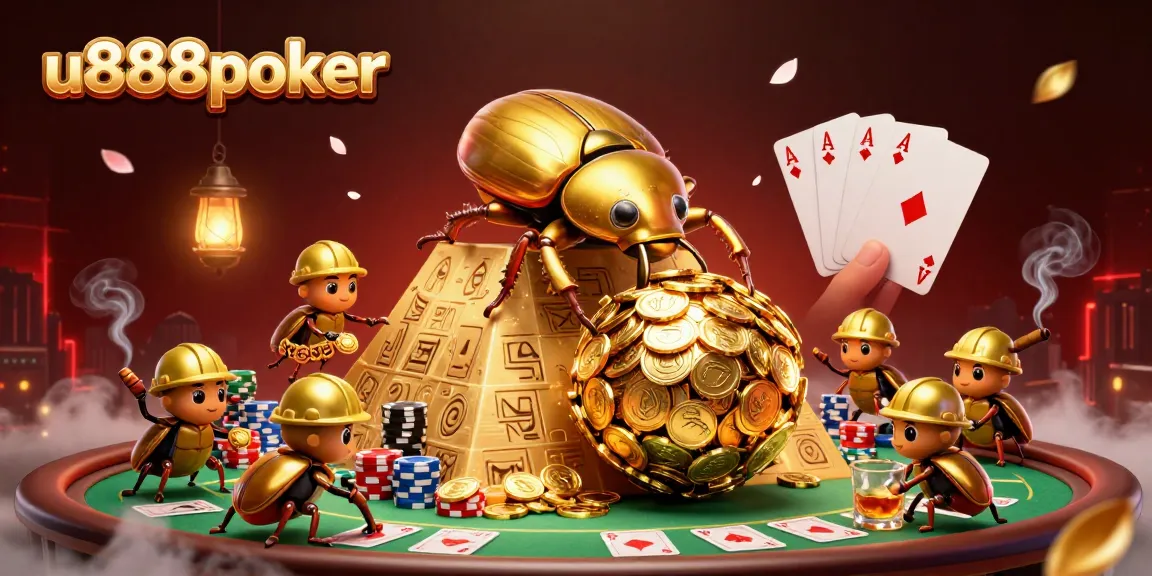 Engage in thrilling gameplay with u888poker as a golden dung beetle rolls its luck in a dynamic casino scene.