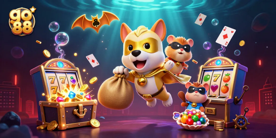 Experience the excitement of go 88 with a superhero dog and hamster, symbolizing casino fun.