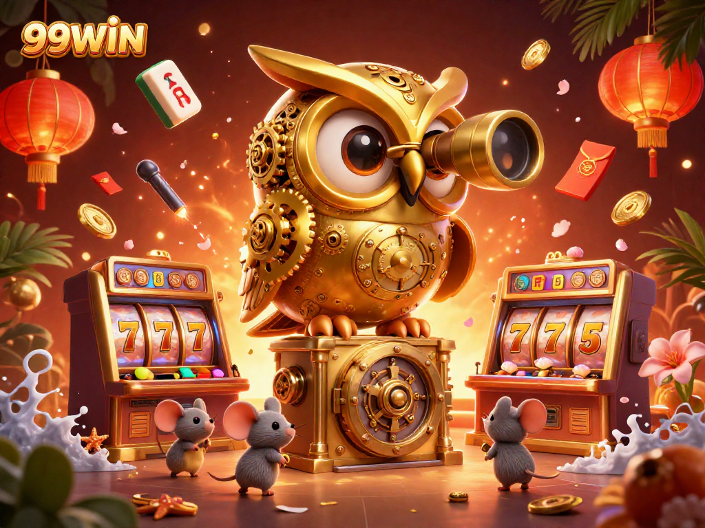 Experience excitement at 99WIN with a golden owl overseeing a bustling casino scene filled with vibrant, engaging elements.