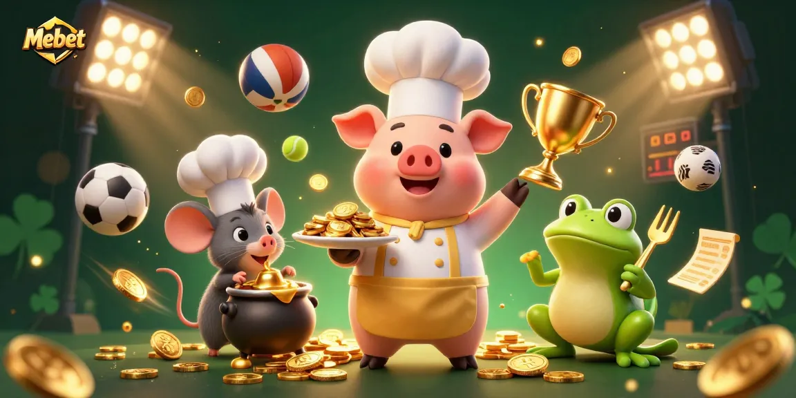 Mebet offers a vibrant casino scene featuring a chef pig and a sous-chef mouse among dynamic sports betting elements.