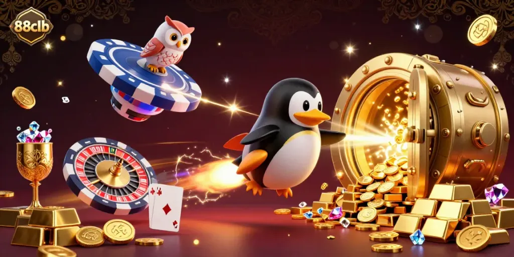 Experience thrilling gaming action with 88clb's golden penguin and casino elements in a dynamic 3D illustration.