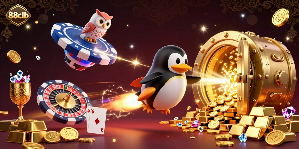 Experience thrilling gaming action with 88clb's golden penguin and casino elements in a dynamic 3D illustration.