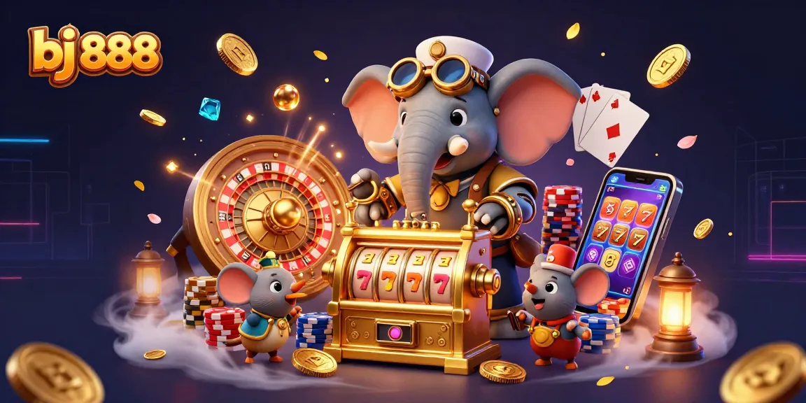 Experience the excitement of bj 888 with a dynamic 3D casino illustration showcasing a steampunk elephant and golden slot machines.