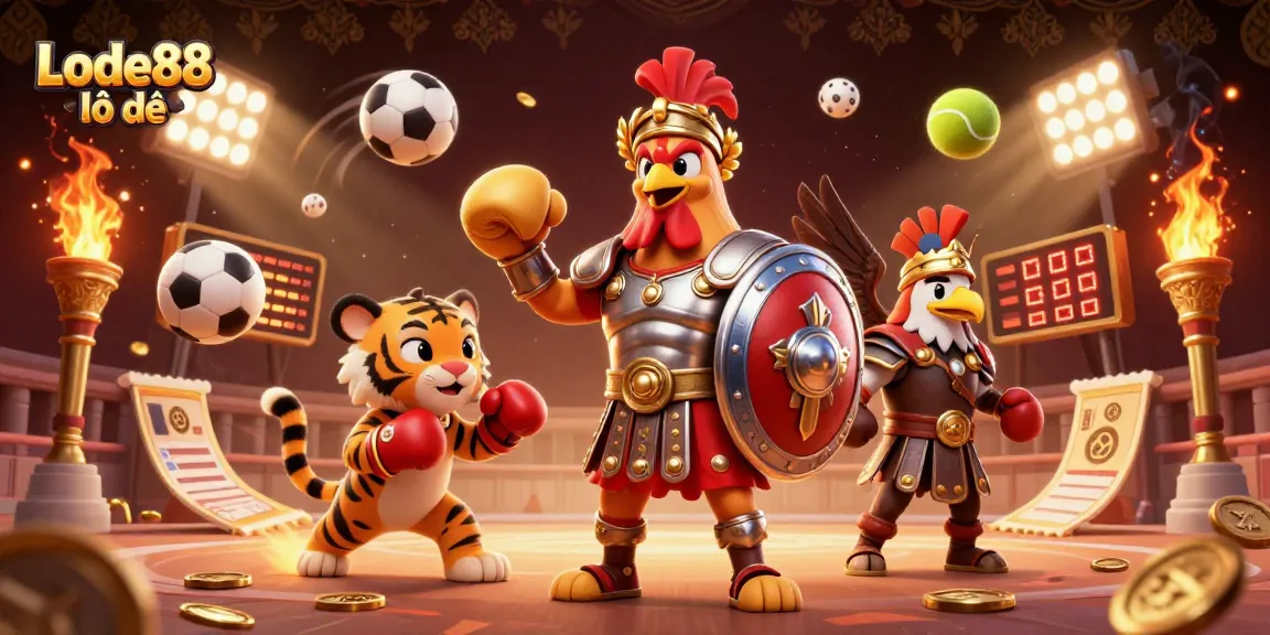 Lode88 lô đề features an exciting 3D scene with a gladiator rooster, tiger cub, and eagle in a colosseum arena.