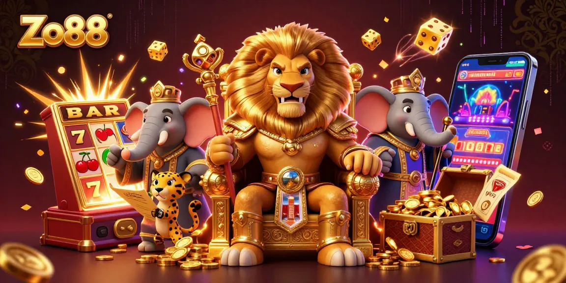 Experience thrilling wins with Zo88, showcasing a fierce lion king and colorful casino games.