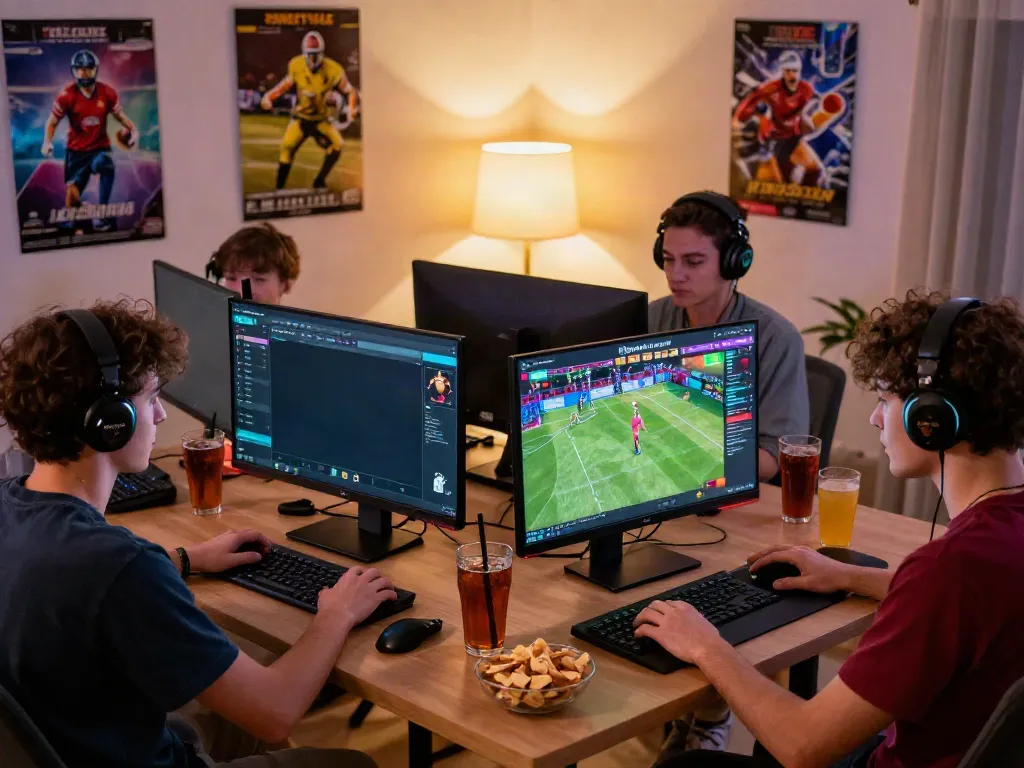 Engaged players using DEBET platform for sports betting in a cozy gaming setup