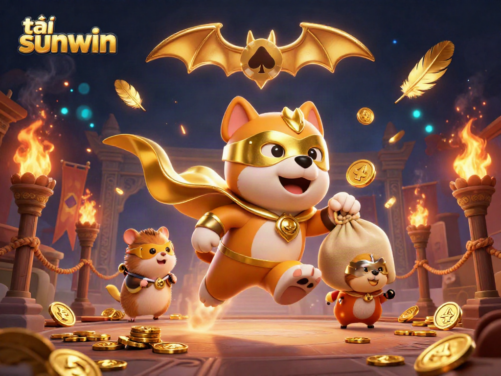 Play and win with tải sunwin in a vibrant, action-packed casino illustration featuring a superhero dog.