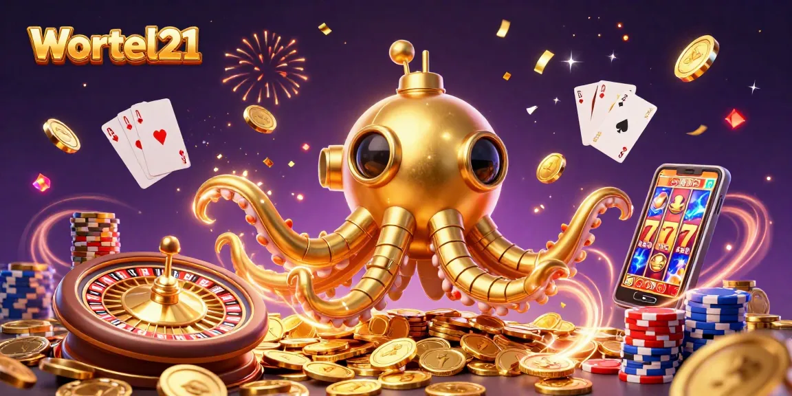 Experience the thrill of Wortel21 with a vibrant display of golden coins and casino games.
